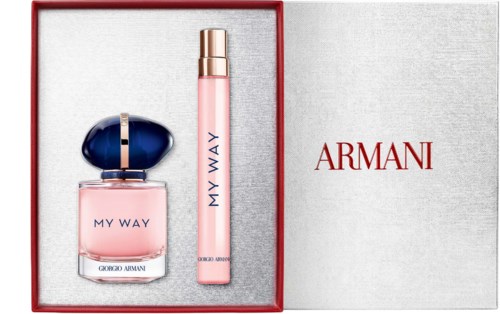 Giorgio Armani My Way parfym och rull-onparfym i ett presentask. Asken har röda kanter och vit bakgrund.