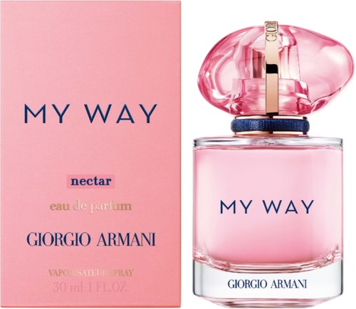 Rosa-Parfümflasche und -Box mit dem Duftnamen 'My Way Nectar' von Giorgio Armani, gemeinsam gezeigt.