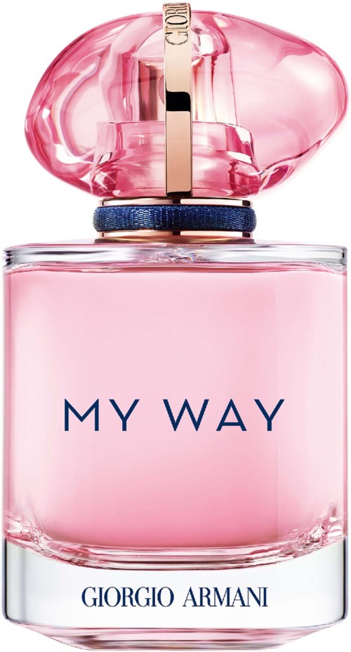 Pink perfume bottle with a large, decorative cap, labeled 'My Way' by Giorgio Armani.