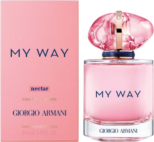 Pink perfume bottle and box with text 'MY WAY NAVETAR GIORGIO ARMANI'.