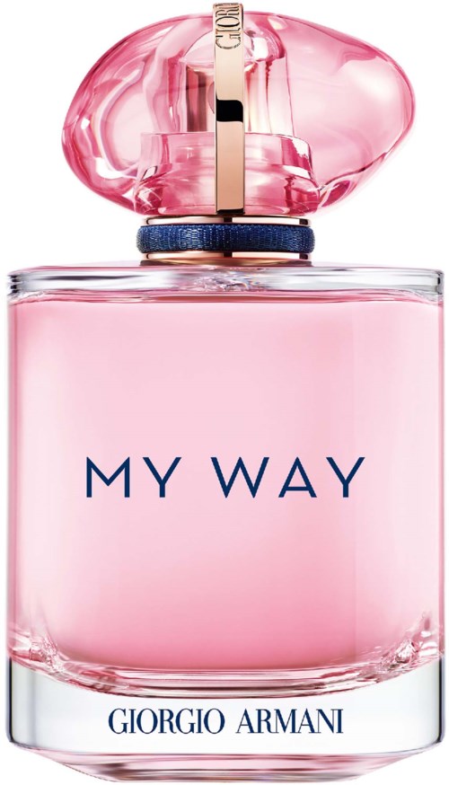 Eine rosa Parfümflasche mit verdrehbarem Deckel und Aufschrift "MY WAY" von Giorgio Armani.