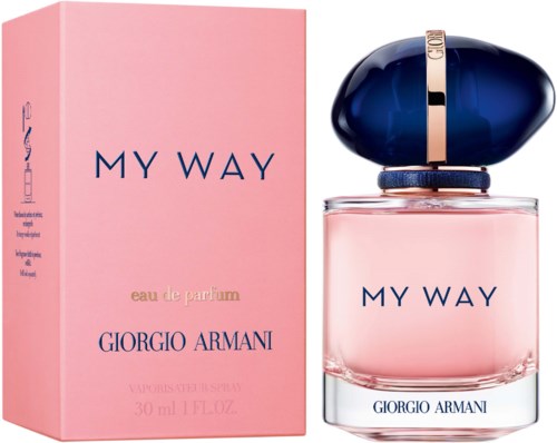 Eine rosa Parfümbox und Flasche mit der Aufschrift 'MY WAY' von Giorgio Armani, mit dunklem blauen Verschluss.