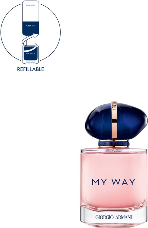 Eine rosa Parfümflasche mit der Aufschrift 'MY WAY' und einem dunkelblauen Deckel mit goldenem Band. Oben ist eine Nachfüllabbildung.