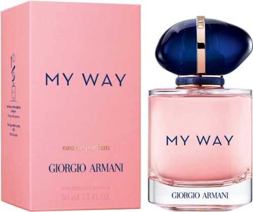 Pinkes Verpackung und Parfümflasche mit 'My Way' by Giorgio Armani, blauer Verschluss.