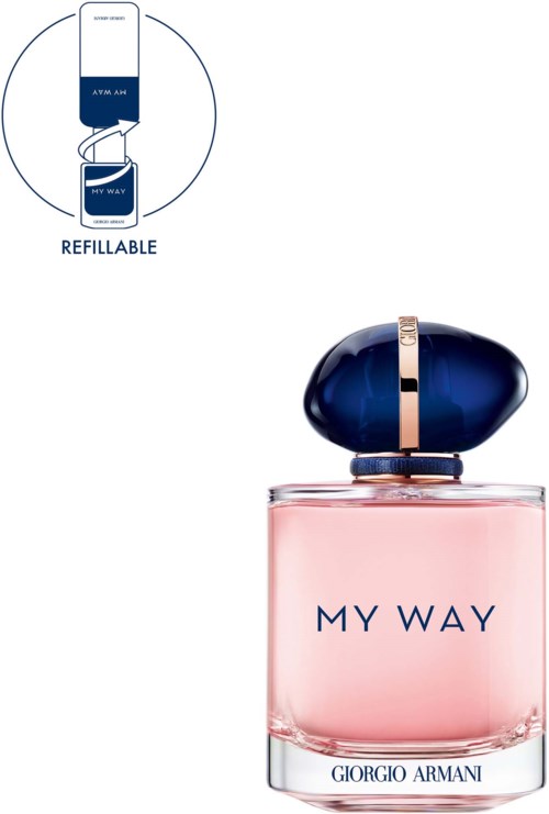 Parfümflasche mit 'My Way' von Giorgio Armani, rosafarbene Flüssigkeit, blauer Deckel, nachfüllbar.