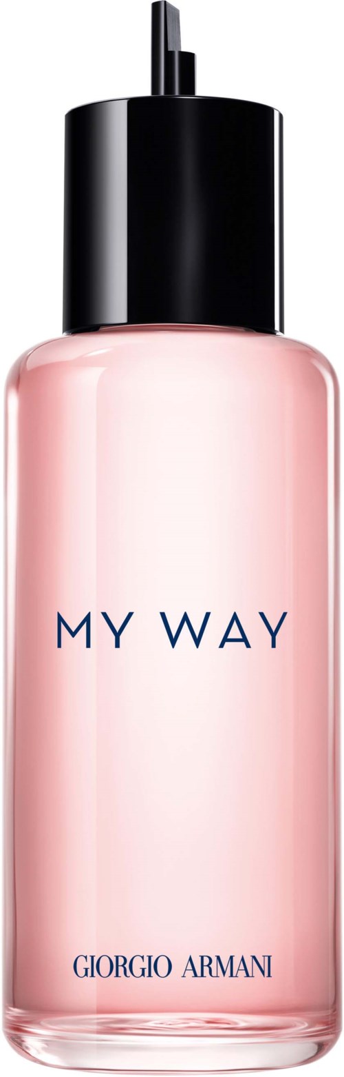 En rosa parfymflaska med svart lock märkt 'MY WAY' av Giorgio Armani.