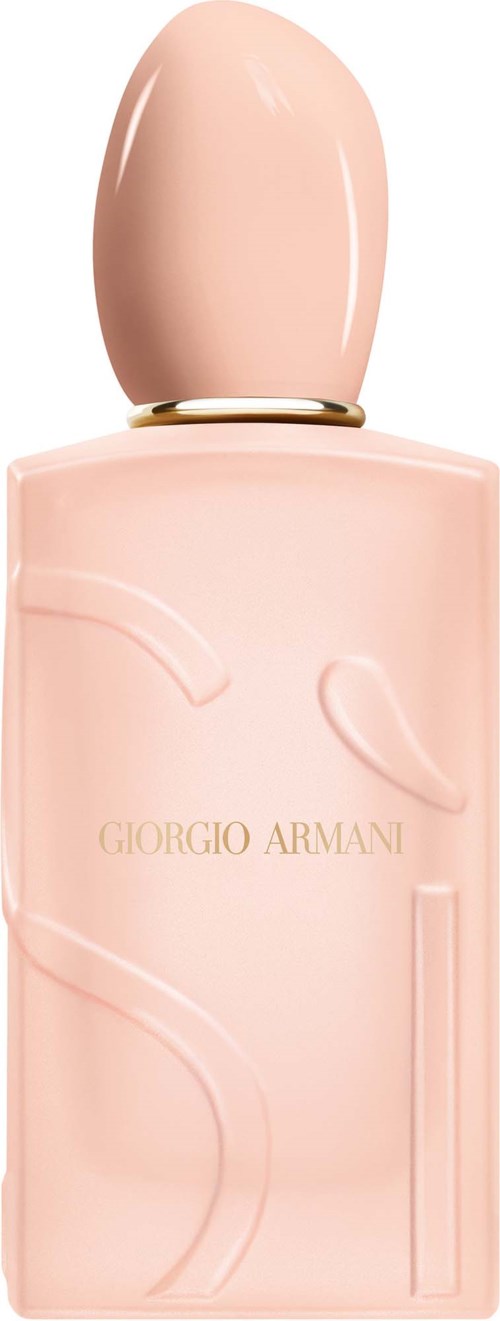Vaaleanpunainen hajuvesipullo, jossa on pyöreä korkki ja nimi Giorgio Armani.