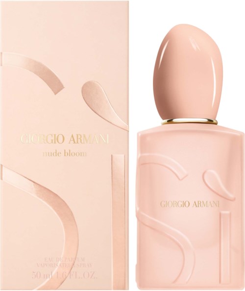 A pink perfume bottle and its box with elegant design and Giorgio Armani writing.