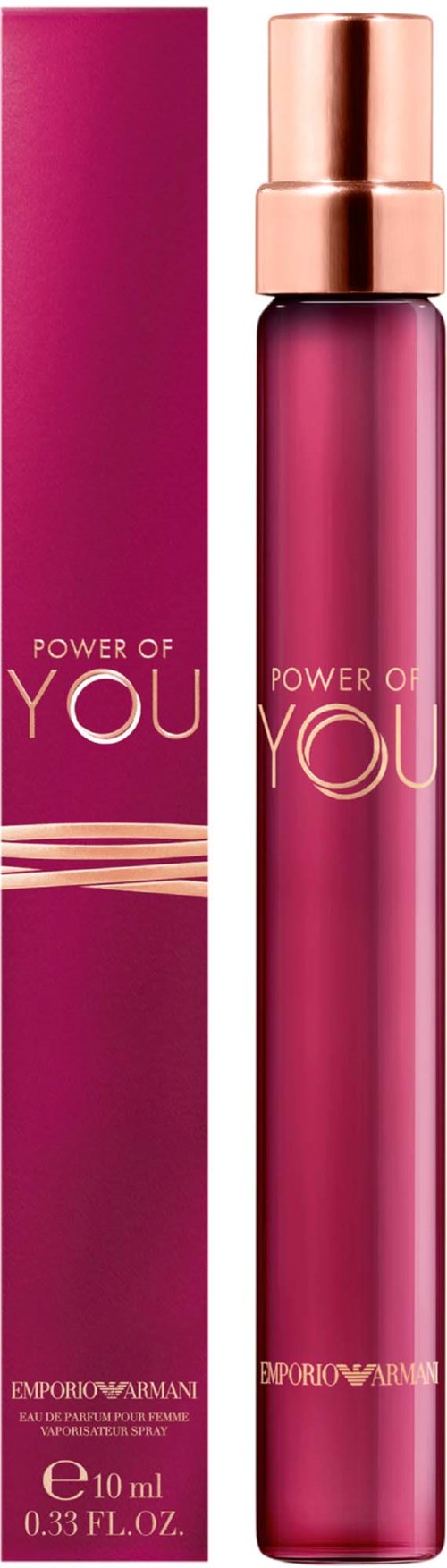Pink spray bottle with rose gold cap. Box matches in color and design, named 'Power of You'.