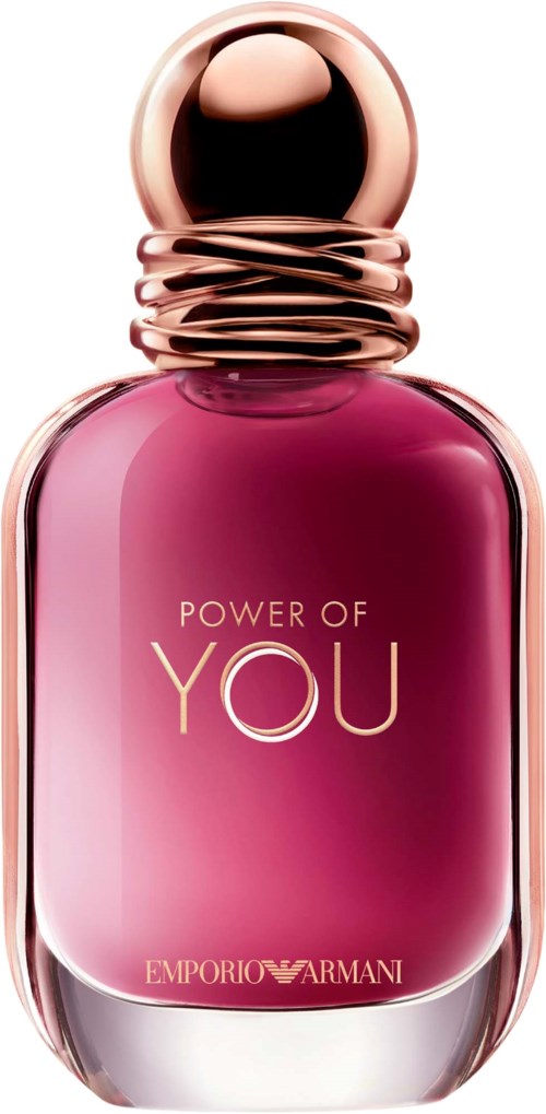 A pink perfume bottle with a gold cap and the words "Power of You" and "Emporio Armani" on it.