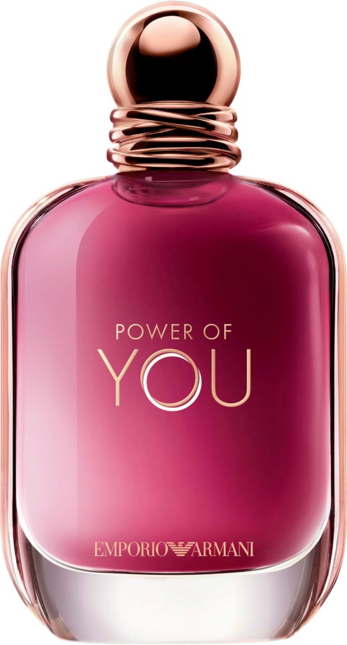 A pink perfume bottle with gold lettering saying 'Power of You' and 'Emporio Armani.'