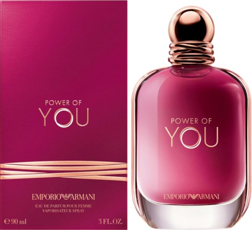 A perfume bottle and box with pink and gold colors, labeled "Power of You" and "Emporio Armani."