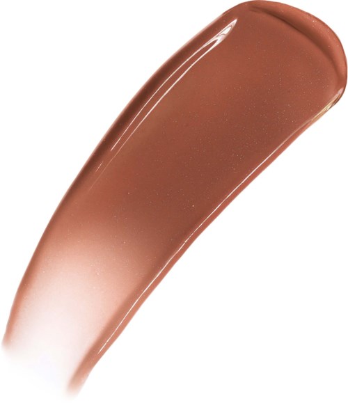 Ein brauner Lipgloss-Strich mit glänzender Oberfläche auf weißem Hintergrund.
