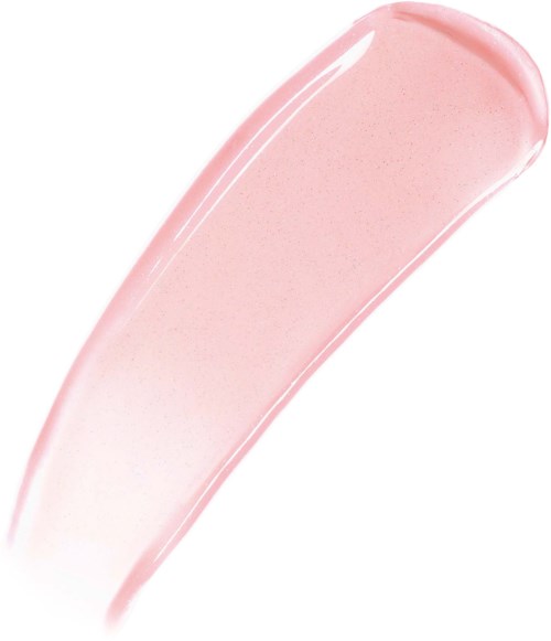 Een roze-glanzende lipgloss-test met een gladde textuur en gebogen vorm.