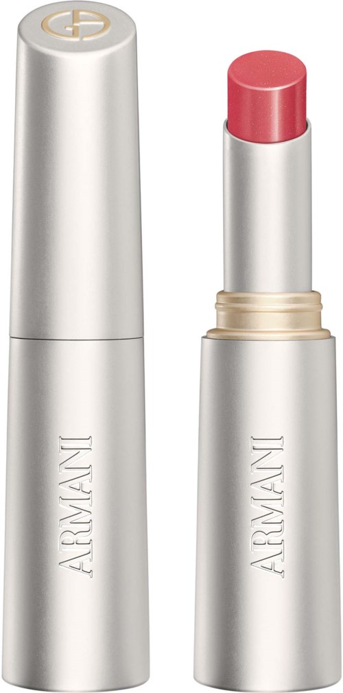 A silver lipstick tube with pink lipstick inside, branded as Armani.