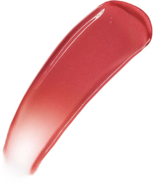 A glossy, curved pink lipstick with a shiny surface and white near the bottom.