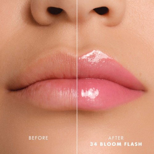 Side-by-side photo showing lips before and after applying a shiny gloss for a plumper look.