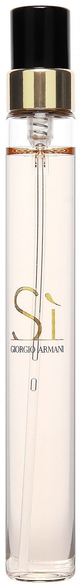 Eine lange, klare Parfümflasche mit schwarzem und goldenem Deckel, und die Buchstaben 'S' und 'L' auf der Vorderseite.