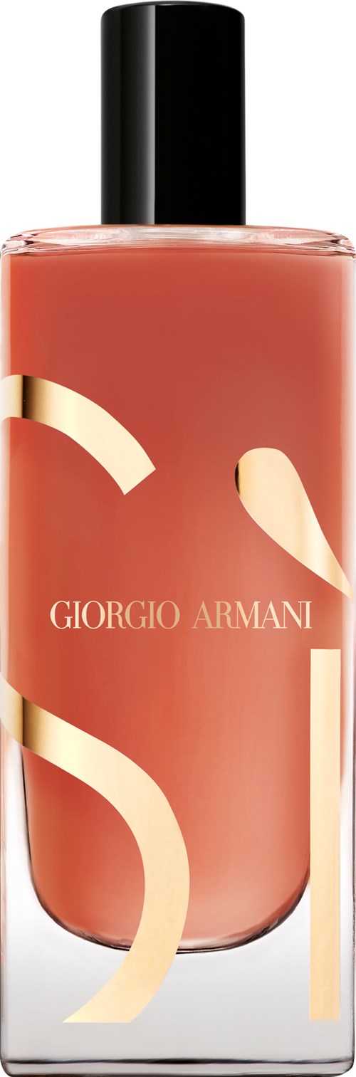En rosa parfymflaska med svart lock och stilfulla guld- och beige-design. Varumärket är Giorgio Armani.