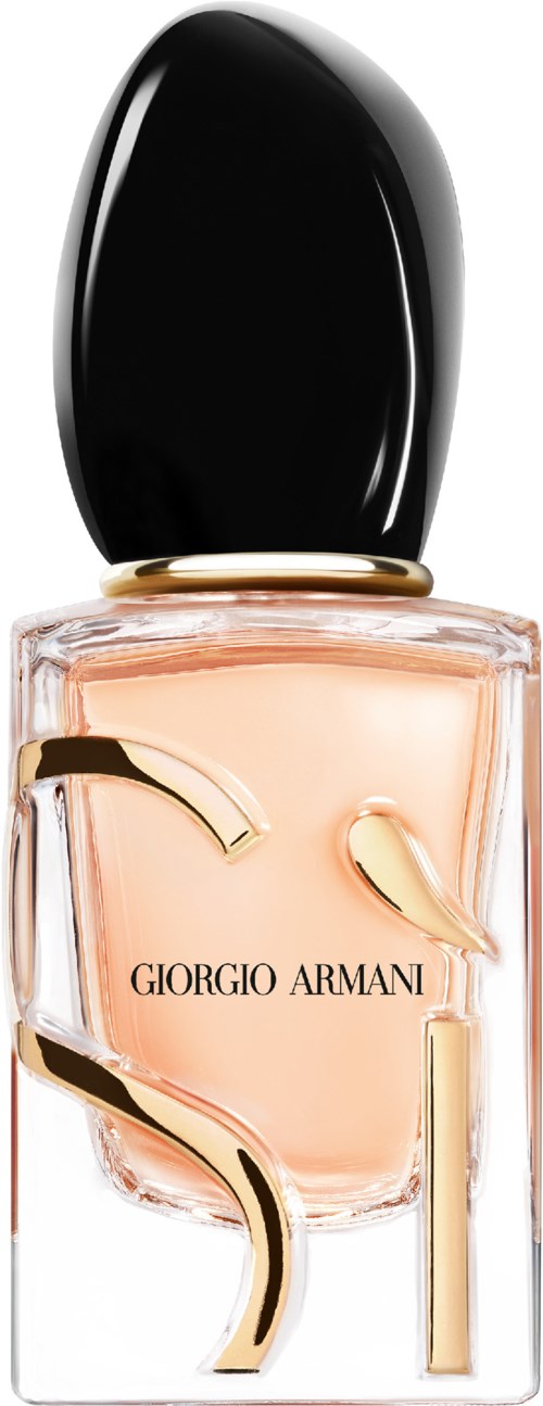 Ein Giorgio Armani Parfümflasche mit schwarzem Deckel und klarem Glas, das pfirsichfarbenen Flüssigkeit zeigt. Es hat goldene Akzente.