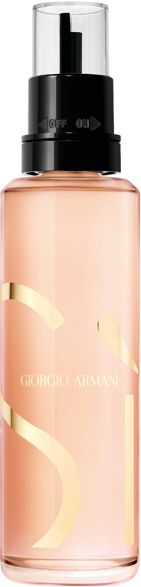 Eine rosa Parfüfflasche mit schwarzem Sprühkopf und goldenem Design, beschriftet 'Giorgio Armani'.