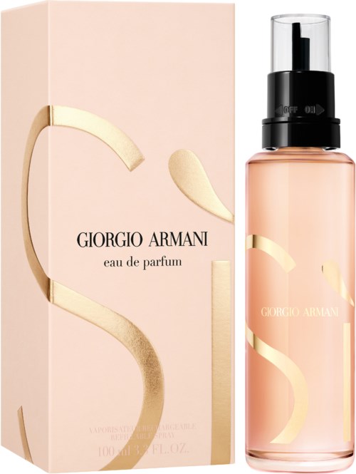 Eine rosafarbene Parfümflasche und -box mit gold- und schwarzen Details, mit "Giorgio Armani" und "eau de parfum" beschriftet.
