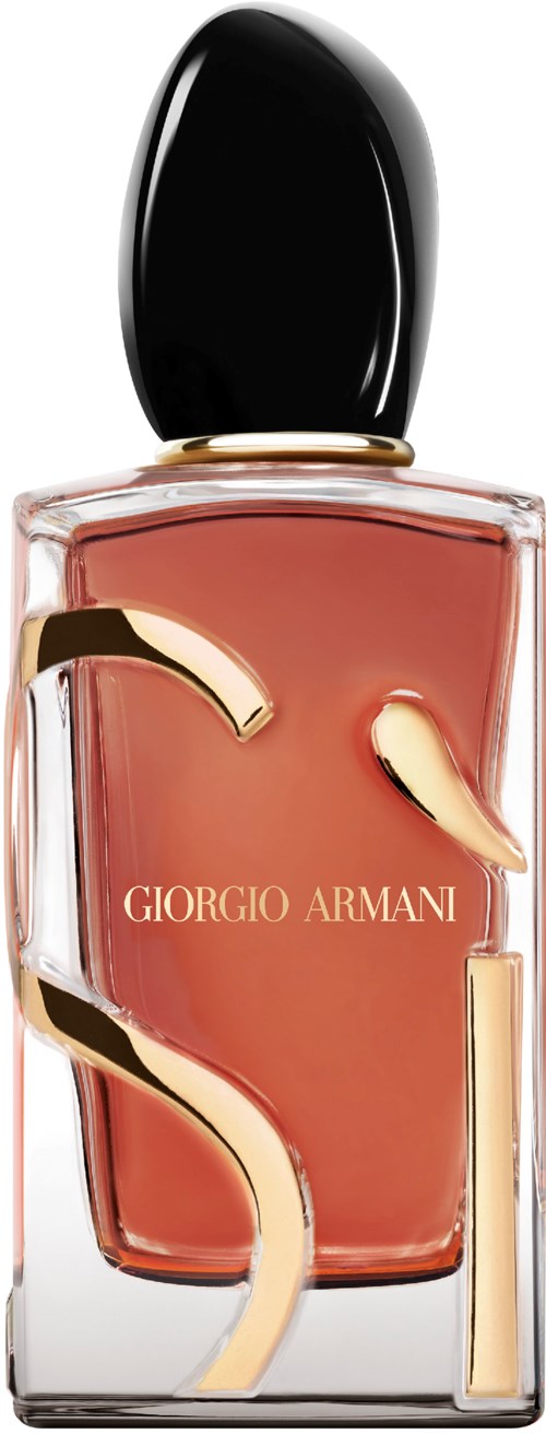 A Giorgio Armani perfume bottle with a black cap and a pinkish-orange liquid inside, decorated with gold accents.