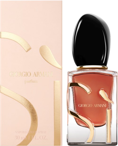 Giorgio Armani perfume bottle and box, with the brand name and stylized logo, in soft colors and elegant design.