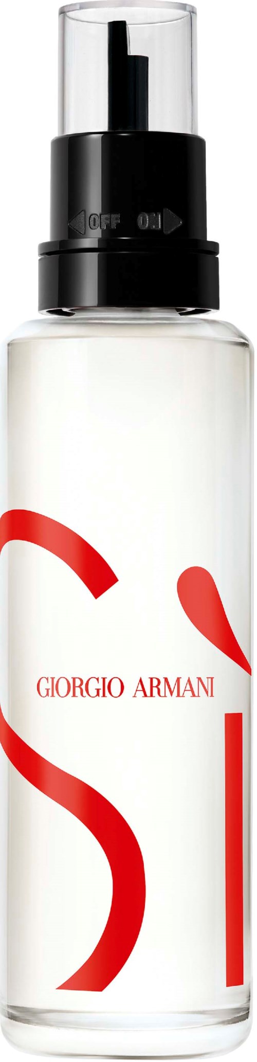 Eine klare Glasflasche mit schwarzem Pumpkopf, rotem und weißen Design, und die Worte "Giorgio Armani".