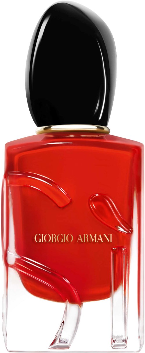 Eine rote Nagellackflasche mit dem Text 'Giorgio Armani' und schwarzem Deckel.