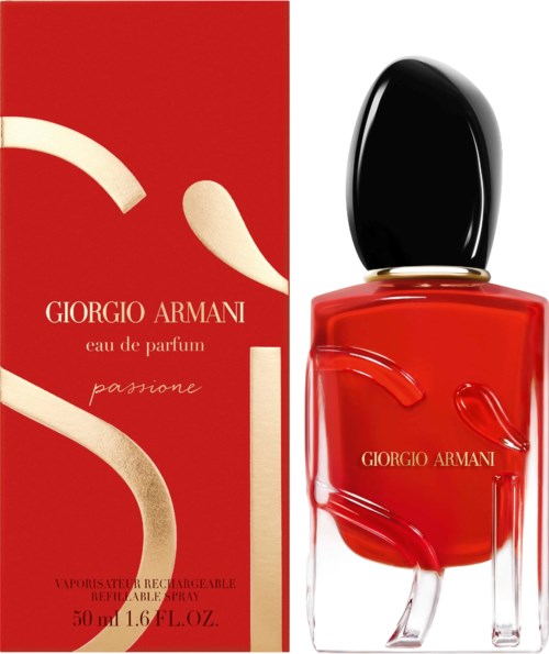 Giorgio Armani Parfümflasche und Packung, rote Farbe, elegantes Design, mit schwarzem Deckel, namens 'Passione'.