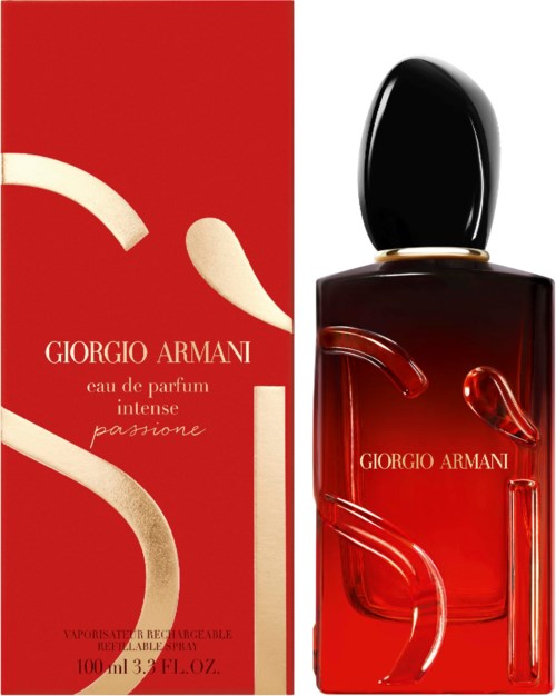 Ein Parfümflasche und Karton für Giorgio Armani Passione Intense, rote und schwarz Farben, einfaches Design, elegant und luxuriös.