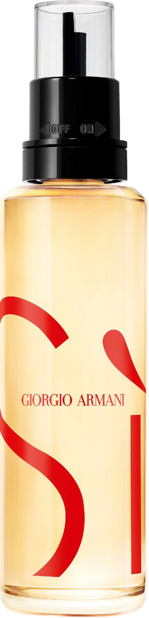 Giorgio Armani Si Parfümflasche, klares Glas, hellfarbener Duft, schwarzer Deckel, rotes Textdesign.