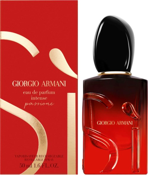 Ein Parfümflasche und Karton in Rot und Schwarz, beschriftet 'Giorgio Armani,' 'passion,' und 'eau de parfum,' 50 ml.