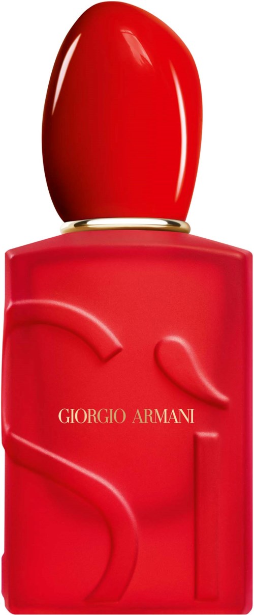 Red perfume bottle with Giorgio Armani logo and a red cap. Sleek and elegant design.