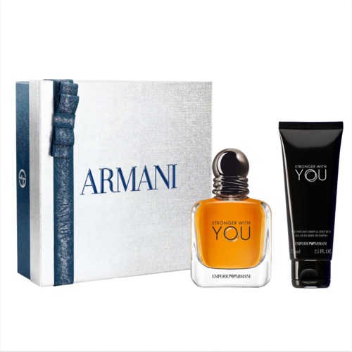 Armani parfymset med orange doftflaska och svart tub, presenterad i en silver Armani-presentask.