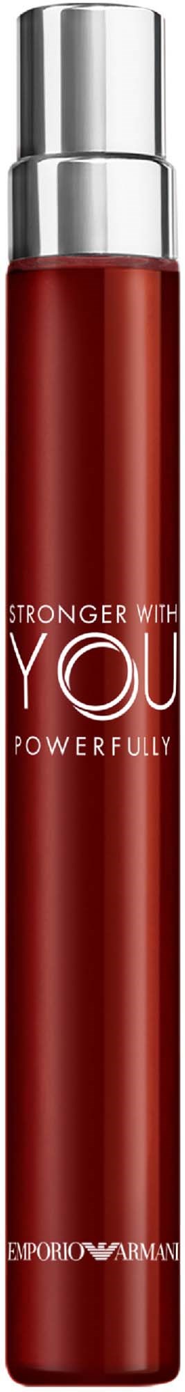 Rote zylindrische Flasche mit silberner Kappe, beschriftet Stronger With You, Armani. Für Parfüm oder Duft.