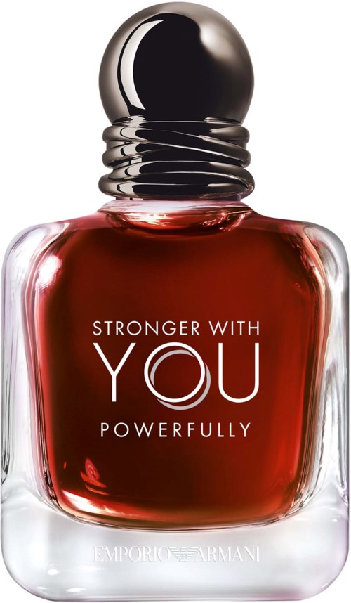 Hajuvesipullo, jossa on metallikansi ja punainen neste, lukee "Stronger With You Powerfully."