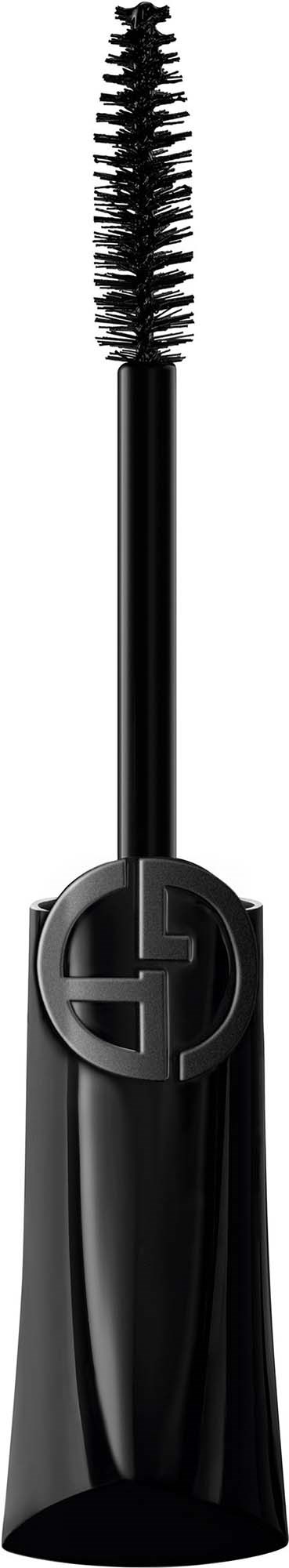 Mascara-med på kjegleformet børste og svart tube. Logo på håndtaket.