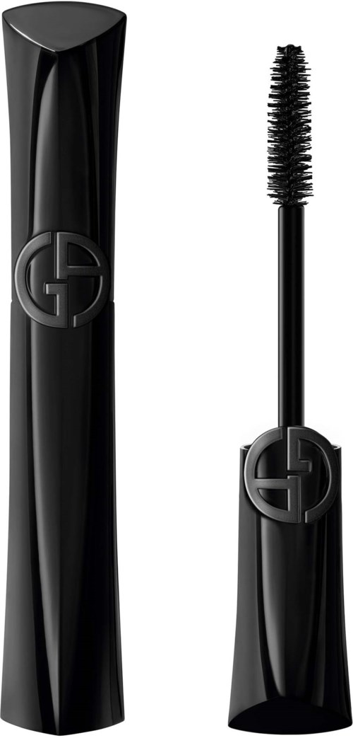 Leppestift med buet svart emballasje og en mascara børste med matchende svart lokk og logo.