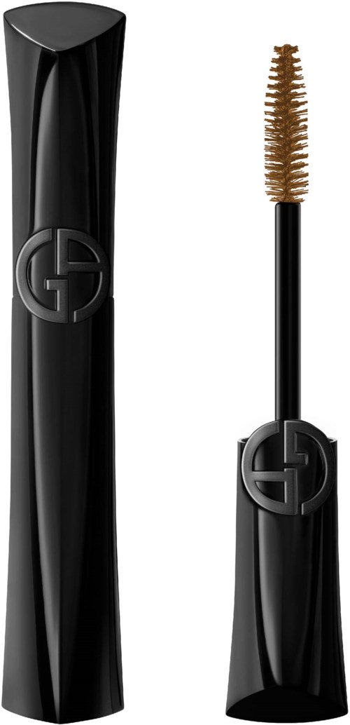 Svart mascara-emballasje med en gulllogo og en børste med brun børste.