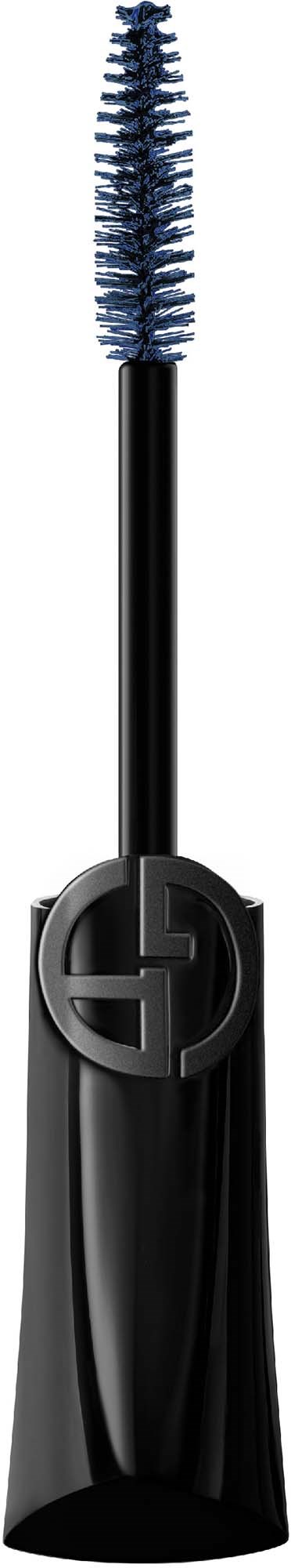 En svart mascara-rocket med logo på lokket og mascarabørsten utstikkende, viser børsten med blå mascara.