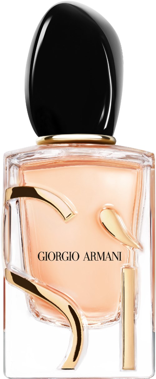 Ein Parfümflasche mit schwarzem Deckel, hellrosa Flüssigkeit und goldenen Akzenten mit 'Giorgio Armani' geschrieben.