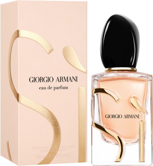 Ein Parfümflasche und Schachtel mit Giorgio Armani-Branding, hellrosa Farbe und Musiksymbole.