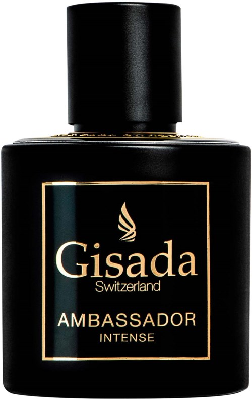 Een zwarte parfumfles met gouden accenten en een gouden logo, gelabeld Gisada Ambassadors Intense, Zwitserland.