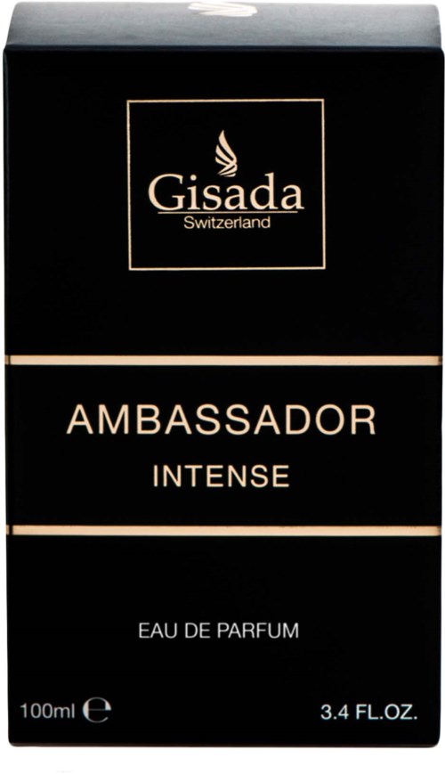 Een zwart parfumdoosje met het label Gisada Ambassador Intense Eau de Parfum, 100 ml, met goud en wit tekst.