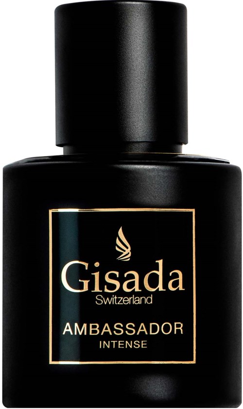 Een zwart flesje met het label Gisada Ambassador Intense uit Zwitserland, waarschijnlijk parfum of eau de cologne.