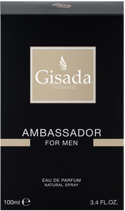 Zwarte doos met beige label, merk 'Gisada', 'Ambassador for Men' parfum, 100ml, natuurlijke spray.