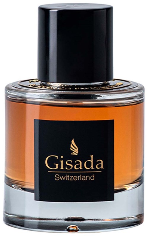 Een klein glazen flesje met oranje parfum en een zwarte dop, gelabeld 'Gisada Switzerland'.