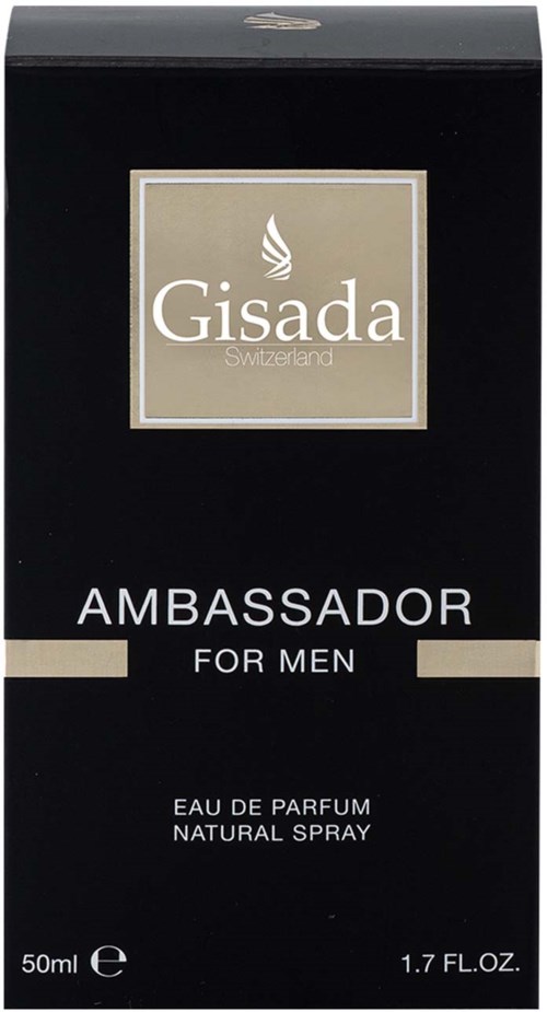 Een zwart doosje met goudkleurige en witte tekst, geeft een mannenparfum genaamd Gisada Ambassador weer.